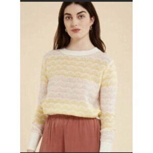 Anthropologie Frnch Women's Pullover Sweater Yellow White Chevron Stretch Size L